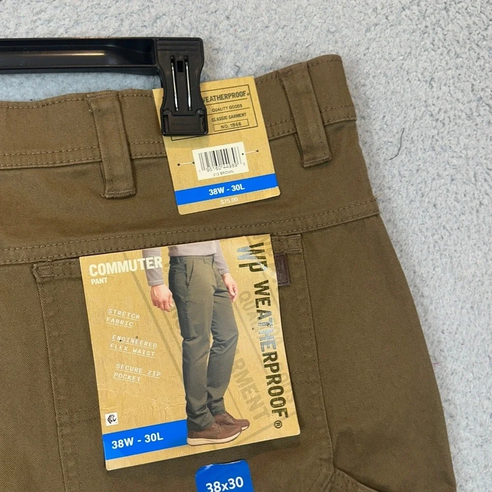NEW Weatherproof Commuter Pants Men 38X30 Brown Chino Utility Stretch Flex Waist